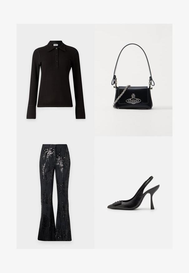 Filippa K Langærmet T-shirt - black; The Kooples PANTALON SEUL - Bukser - black; Sorte lædersandal med spids tå, slank høj hæl og dekorativ sløjfeaccent. Glat tekstur og strømlinet design.; Sort læderhåndtaske med en struktureret design, sølv kædetræk og et fremtrædende metallic logo på fronten. Glat tekstur.