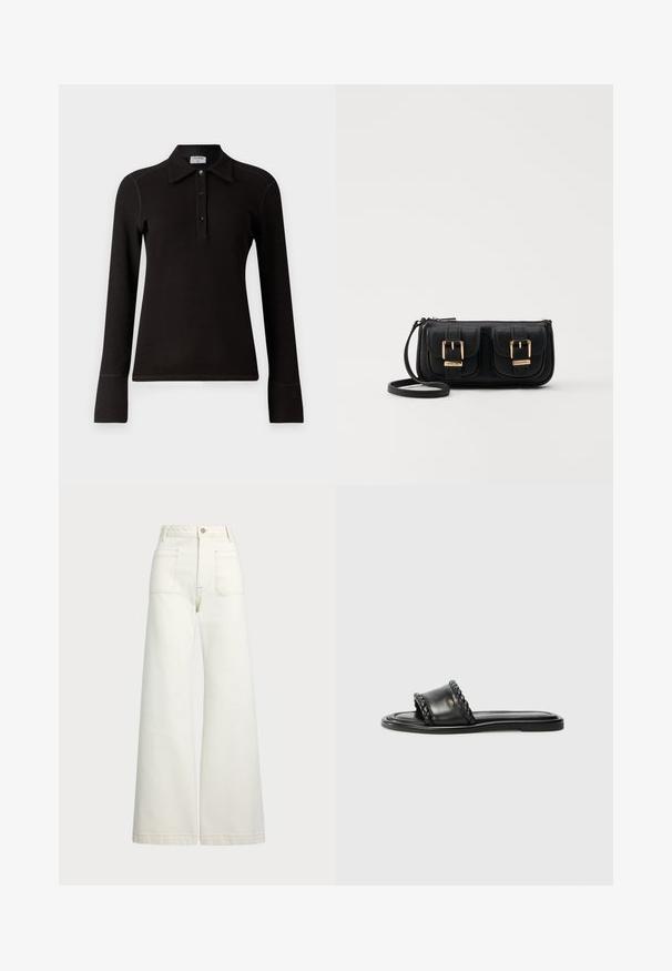 Filippa K Top s dlouhým rukávem - black; Džíny s širokými nohavicemi v off-white denim. Vysoký pas s knoflíkovým zapínáním, dvě přední kapsy a detaily kontrastního šití.; Černé kožené sandály s tkaným detailem pásku, plochou podrážkou a elegantním designem. Hladký povrch a minimalistický profil.; Černá kožená crossbody taška se dvěma předními kapsami, zlatými přezkami, zipovým uzávěrem a štíhlým popruhem. Texturovaný povrch a kompaktní obdélníkový tvar.