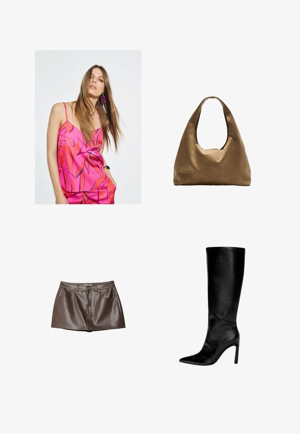 Hedvábná růžová noční košilka s květinovým potiskem v červené a modré barvě, s tenkými ramínky a volnějším střihem. Výrazné náušnice dotvářejí vzhled.; Hnědá kožená mini sukně s hladkou texturou, poutky na opasek, předními kapsami a zapínáním na knoflík v pase.; Černý kožený vysoký nerozšířený bot s špičatou špičkou, vysokým stiletto podpatkem, hladkým povrchem a jednoduchým, elegantním designem bez zdobení.; Hnědá textilní taška přes rameno s širokým, zaobleným tvarem a velkým výřezem na rukojeť. Měkká textura, minimalistický design a žádné viditelné kovové prvky.