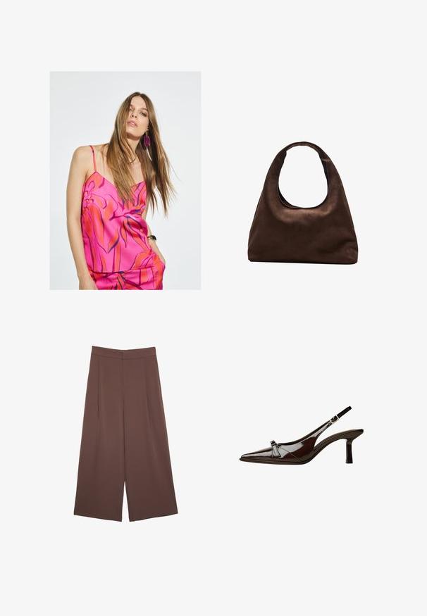 Svilen ružičasti top s cvjetnim uzorkom u crvenoj i plavoj boji, s tankim naramenicama i opuštenim krojem. Značajne naušnice upotpunjuju izgled.; Smeđe hlače širokog kroja s glatkom teksturom, koje imaju visok struk i nabore sprijeda. Tkanina je lagana i slobodno se kreće.; Smeđe lakirane slingback cipele s upPointom, niskom petom i dekorativnom mašnom sprijeda. Glatka, sjajna tekstura.; Meka mekana smeđa torba hobo stila s jednim širokim remenom i zakrivljenim otvaranjem na vrhu, prikazana na bijeloj pozadini.