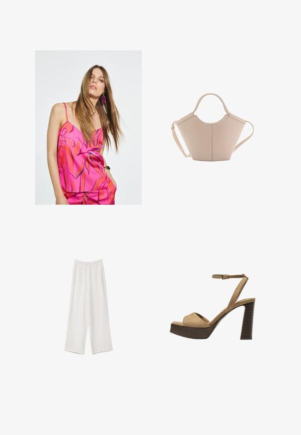 Hedvábná růžová noční košilka s květinovým potiskem v červené a modré barvě, s tenkými ramínky a volnějším střihem. Výrazné náušnice dotvářejí vzhled.; Bílé široké kalhoty vyrobené z lehké tkaniny. Mají elastický pas se šňůrkou a boční kapsy. Hladká textura.; Bežové semišové sandály na vysokém podpatku s širokým předním páskem a páskem kolem kotníku, s masivním dřevěným blokovým podpatkem s texturovaným povrchem.; Beige kožená kabelka s jedinečným tvarem, vybavená dvěma krátkými uchy a dlouhým nastavitelným popruhem. Hladká textura s minimem kovových doplňků.