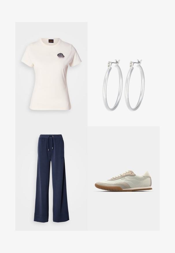 Balta medvilnės marškinėliai su apvaliu kaklu ir trumpomis rankovėmis. Papuošti juodu siuvinėtu debesies dizainu su frakcinėmis detalėmis krūtinėje.; Jūrų laivyno plataus kojų kelnių pagamintų iš švelnios medžiagos, su elastingu liemeniu ir raišteliu, bei logotipu ant kairės kojos.; Baltos ir kreminės spalvos sportbačiai su lygiu paviršiumi ir zomšiniu akcentu, su tekstūruotu padu ir toniniu siuvimu. Raštuotas užsegimas su logotipo detale.; Sidabriniai auskarai su sklandžiu, poliruotu paviršiumi. Apvalios formos ir saugus uždarymo mechanizmas. Lengvas dizainas, tinkantis kasdieniam dėvėjimui.