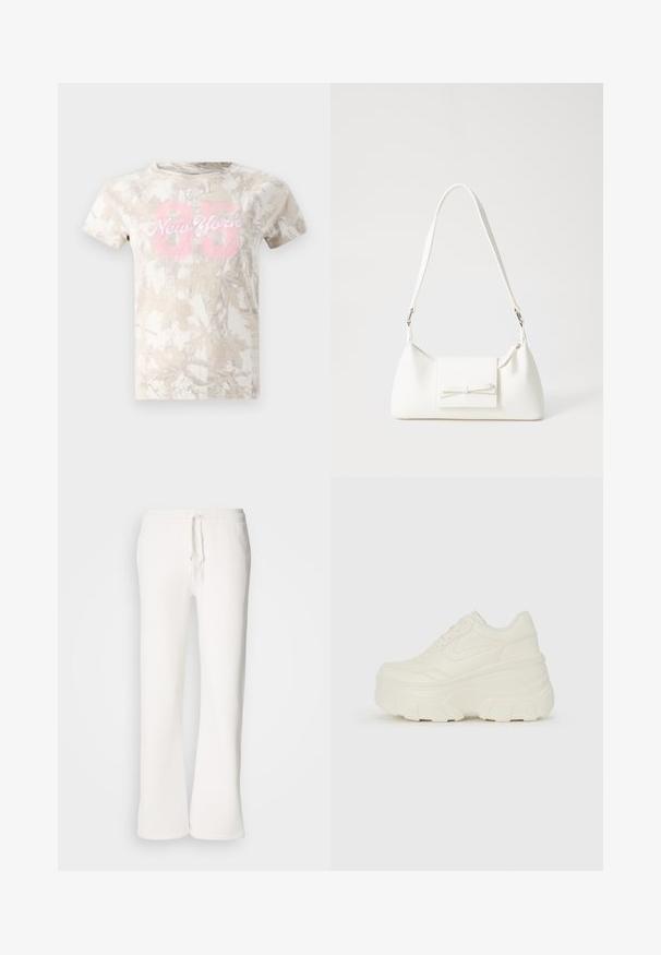 Béžové tričko s krátkým rukávem s kamuflážovým vzorem. Na přední straně má tisk "New York 85" v růžové barvě. Vyrobeno z měkké bavlny, kulatý výstřih.; Bílé, volné tepláky vyrobené z měkké tkaniny, s elastickým pasem a šňůrkou a rovnými nohavicemi.; Bílé platformové tenisky s hladkým svrškem podobným kůži, zaobleným tvarem, polstrovaným límcem a texturovanou gumovou podrážkou s vyznačenými vzory.; Bílá syntetická kabelka v trojúhelníkovém tvaru, s plochým předním klopným víkem a detailem mašle, nastavitelným popruhem, hladkým povrchem a minimalistickým designem.
