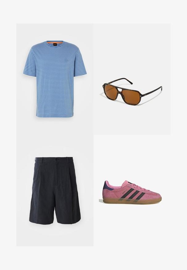 T-shirt de algodão em azul com riscas horizontais brancas, decote redondo, mangas curtas e pequeno detalhe de logótipo na frente.; Weekday LOOSE SUIT - Calções - black; Sapatilha de camurça rosa com riscas pretas, sola de borracha, e calcanhar texturizado roxo. Apresenta um design de atacadores e uma marcação em relevo na lateral.; Óculos de sol tartaruga com lentes castanhas, de forma retangular e com detalhes em metal na armação. Design elegante com hastes finas.