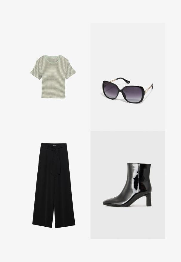 Randig kortärmad t-shirt i ljusgrön och vit. Har rund halsringning och mjukt, texturerat tyg. Avslappnad passform med ett ledigt snitt.; Svarta vida byxor med texturerad tyg, elastisk midja och en avtagbar käppknut i midjan för justerbar passform.; Svart lackläder ankelboot med spetsig tå och en medelhög klack. Slät textur och minimalistisk design.; Svarta överdimensionerade solglasögon med gradientlinser, tjocka bågar och kedjedetaljer i guldton vid tempelarmarna.; Svart handväska med strukturerad form, slät yta och metallspänne. Matchad med vida svarta byxor och sandaler med öppen tå på trägolv.