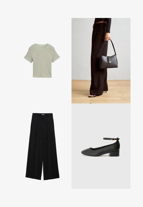 Pruhované tričko s krátkým rukávem v světle zelené a bílé barvě. Má kulatý výstřih a měkkou, strukturovanou tkaninu. Volný střih s uvolněným designem.; Černé kalhoty s širokými nohavicemi, vyrobené z texturované tkaniny, s elastickým pasem a odnímatelným páskem na úpravu velikosti.; Černé kožené lodičky s špičatou špičkou a nízkým blokovým podpatkem. Obsahují pásek kolem kotníku se zlatou sponou. Hladký povrch.; Černá kabelka se strukturovaným tvarem, hladkým povrchem a kovovým uzávěrem. Kombinována s širokými černými kalhotami a sandály s otevřenou špičkou na dřevěné podlaze.