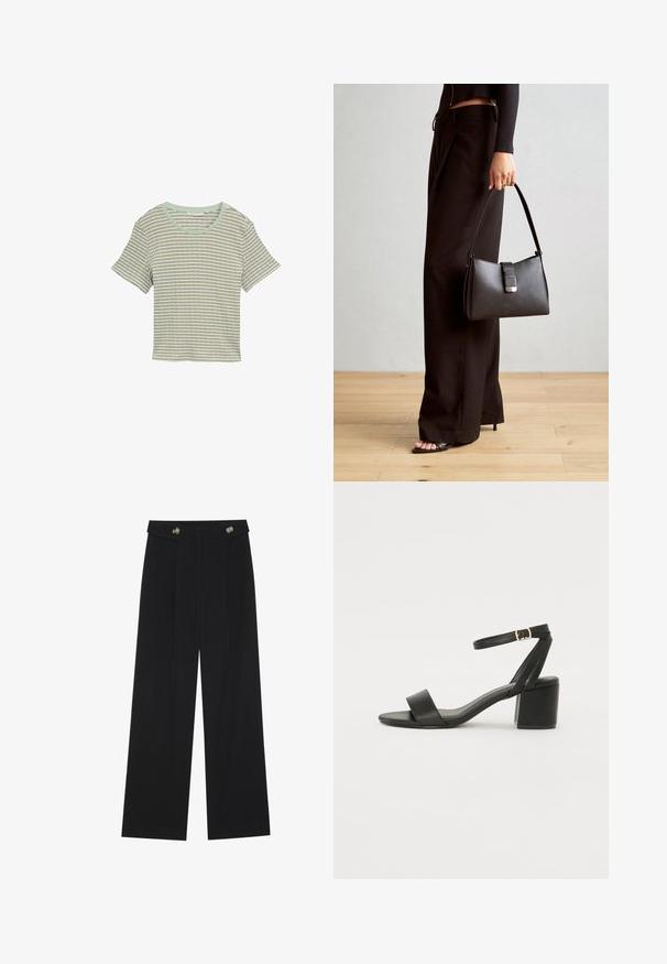 Camiseta de manga corta a rayas en verde claro y blanco. Presenta un cuello redondo y una tela suave y texturizada. Corte casual con un diseño relajado.; Pantalones de pierna ancha negros con cintura alta, detalles de botones en la cinturilla y pliegues en la parte delantera.; Sandalia de tacón negro con parte superior de cuero suave, punta abierta, tiras frontales anchas y correa ajustable en el tobillo con detalle de hebilla dorada.; Bolso negro con forma estructurada, textura suave y un cierre metálico. Combinado con pantalones anchos negros y sandalias de dedo en un suelo de madera.