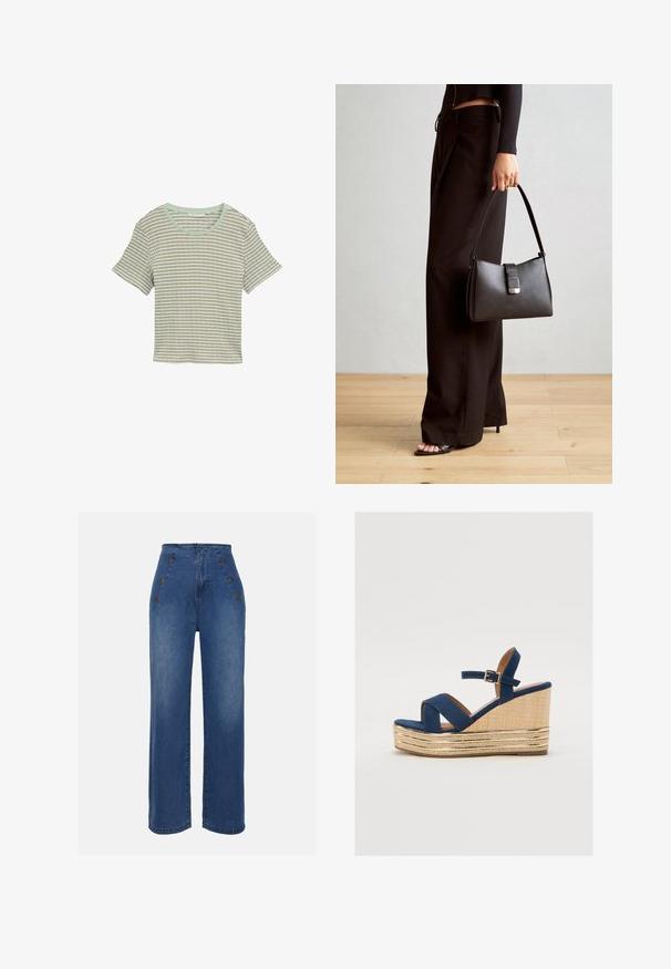 Tricou cu mânecă scurtă în dungi, de culoare verde deschis și alb. Are un decolteu rotund și un material moale, texturat. Croială casual cu un design lejer.; Jeans din denim cu talie înaltă, de culoare albastru mediu. Prezintă accente cu buton în față și un design cu picioare late. Materialul are o textură netedă, cu o ușoară decolorare.; Sandale cu toc wedge de culoare bleu marin, cu curele încrucișate, o platformă din fibră naturală texturată și un accent metalic auriu pe bază.; Genți negre cu o formă structurată, textură netedă și un închizător metalic. Asortată cu pantaloni negri largi și sandale cu vârf deschis pe un podea din lemn.