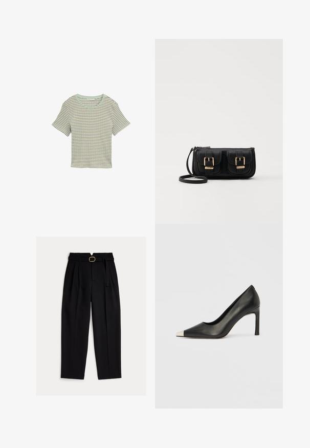 Ribadega lühikeste varrukatega T-särk helesinisest ja valgest. Omab ümmargust kaelust ja pehmet, tekstuurset kangast. Avar lõige lõdva disainiga.; Mustad klassikalise lõikega kõrge vöökohaga püksid, millel on vöö ja volditud esikülg ning lai sääreosa. Valmistatud siledast kangast.; Mustast nahast kõrge kontsaga king terava varba ja metallik hõbedase otsikuga. Iseloomustab sile viimistlus ja sihvakas 10 cm konts.; Must küllastamata nahast õlakott, millel on kaks esist nähtavat taskut, kuldsed pandlad, tõmblukuga sulgemine ja peen rihm. Tekstuuriga pind ja kompaktne ristkülikukujuline kuju.