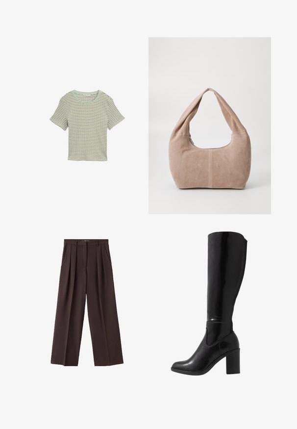 Prúhované tričko s krátkym rukávom v svetlozelenej a bielej farbe. Má okrúhly výstrih a mäkkú, štruktúrovanú tkaninu. Uvoľnený strih s voľným dizajnom.; Hnedé široké nohavice z textilnej látky, ktoré majú predné záhyby, bočné vrecká a klasický dizajn pásu.; Čierne lesklé čižmy s vysokým podpätkom s okrúhlou špičkou, hladkou textúrou, bočným výrezom a robustným zloženým podpätkom.; Hobo taška z mäkkej semišovej látky v svetlej béžovej farbe. Má zaoblený tvar s širokým popruhom a zipsovým uzáverom.