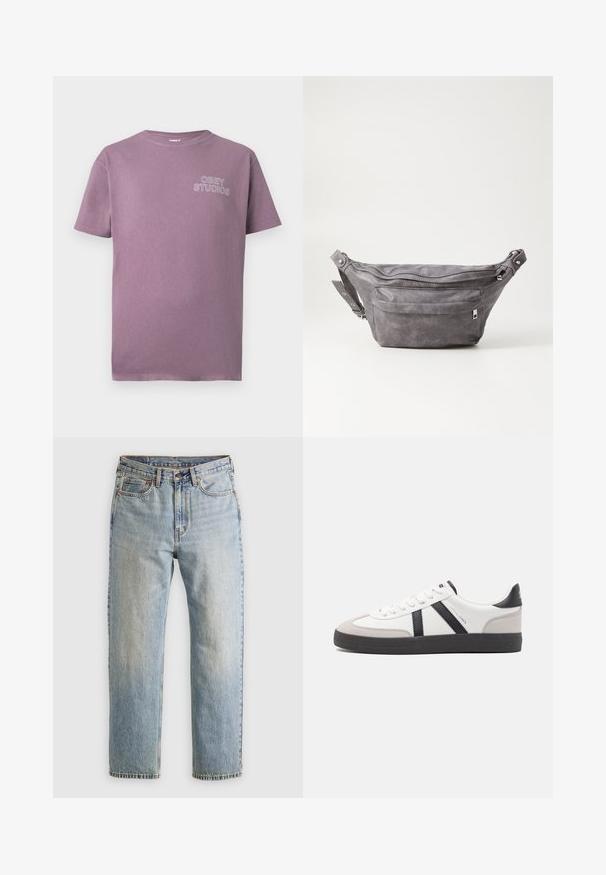 Tricou din bumbac mov cu guler rotund și mâneci scurte. Are brodat în alb "OBEY STUDIOS" pe pieptul stâng.; Jeans din denim de culoare albastru deschis, cu talie înaltă, nasture frontal, fermoar și design cu cinci buzunare, așezate platesc pe un fundal neutru.; Sneaker alb cu accente negre și gri, având un capac de vârf gri texturat, talpă din cauciuc negru și șireturi plate albe. Design elegant, stil minimalist.; Borseta gri din suede, cu o formă rotunjită, două compartimente cu fermoar și curea ajustabilă. Are accente din metal.