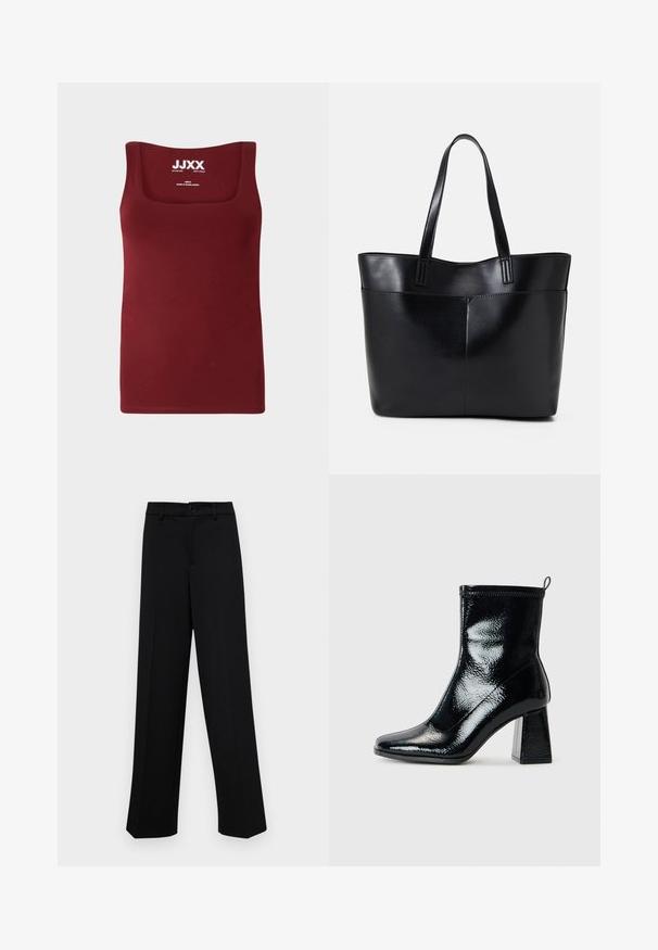 Burgundijas tank top ar kvadrātveida dekoltē. Izgatavots no gludas auduma, tas piedāvā šauru piegriezumu un bez izteiktiem akcentiem vai rakstiem.; Melnas platajās bikses, kas izgatavotas no gludas auduma, ar klasisku jostu un pogu aizdari, kā arī priekšējām kroku detalizācijām.; Melna lakota potīte līdz potītei ar kvadrātu purngalu un masīvu ģeometrisku papēdi. Tam ir gluda, spīdīga tekstūra un aizmugurējais cilpiņu elements, kas nodrošina ērtu uzvilkšanu.; Melnas ādas iepirkumu soma ar divām garām rokturām, gludu tekstūru un strukturētu formu. Iekļauj priekšējo kabatu papildu uzglabāšanai.