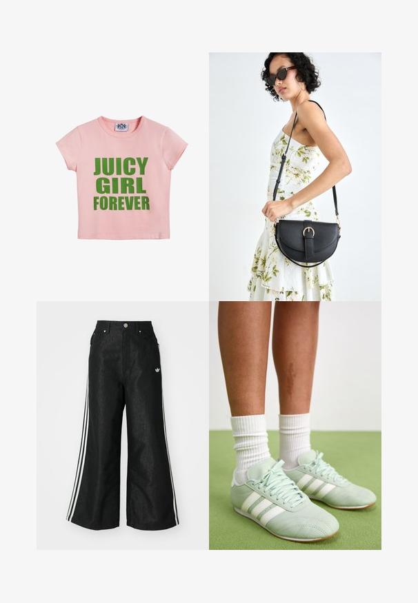 Juicy Couture FOREVER BABY - Apdrukāts T-krekls - almond blossom; Melni platās kājas džinsi ar trim baltām svītrām katrā pusē un mazu baltu logotipu. Iezīmē priekšējos kabatas un pogu aizdari.; Minta zaļi sporta apavi ar baltām svītrām, gluda ādas tekstūra, noapaļota pirksta daļa un gumijas zole, komplektā ar baltām ribotām zeķēm.; Melnas ādas rokassoma ar izliekta formu, noņemamu siksnu un zelta aksesuāriem. Somai ir vāciņš ar sprādzes detaļu.