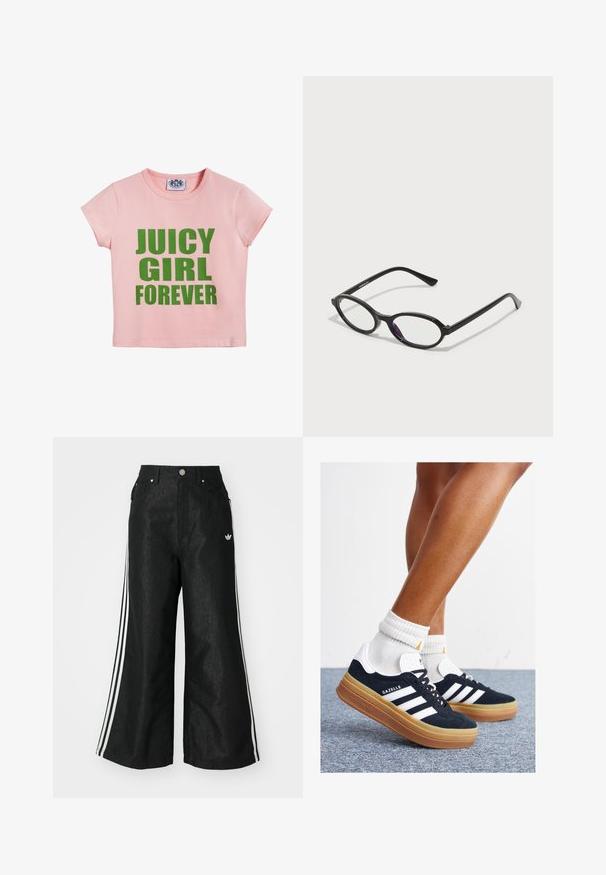 Juicy Couture FOREVER BABY - Marškinėliai su spaudiniu - almond blossom; Juodos plačios džinsinės kelnės su trimis baltais juostelėmis kiekvienoje pusėje ir mažu baltu logotipu. Yra priekiniai kišenės ir sagčių užsegimas.; Juodi zomšiniai sportbačiai su baltais dryžiais ir akcentais, apvalios nosies, guminio, gumos pado, derinami su baltais raitytais vidutinio ilgio kojinaitėmis.; Juodos ovalios rėmelio akinių su permatomais violetiniais akcentais ant objektyvų. Rėmeliai turi matinį paviršių ir plonus, tiesius šventykles.; Juodas odinis delninukas kreivės formos, su trumpa rankena ir auksine grandinėlės juosta. Nešiojamas su suplyšusiais mėlynais džinsais ir juodais aukštakulniais.