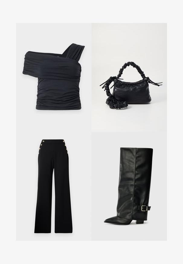 Melna off-shoulder gapģē jeb topiņš, kas izgatavots no mīksta, elastīga auduma, ar ručām un plašo siksnu dizainu vienā pusē.; Melnas augstās vidukļa platās bikses ar zeltītām pogām gar priekšpusi un kabatām abās gurnu pusēs uz balta fona.; Melni ādas potītes zābaki ar asu purngalu, gludu virsmu un sudraba sprādzi uz sāniem. Masīvs kvadrātveida papēdis.; Melnā mākslīgās ādas rokassoma ar krokodila rakstu, savilkta augšdaļa un saburzīta siksna. Izskatās mīksta un kompakta pēc dizaina.