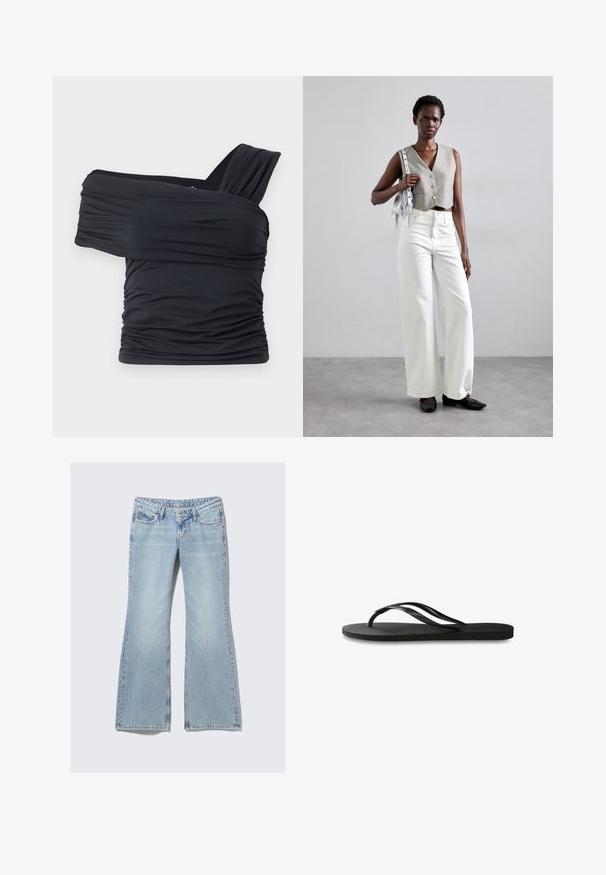 Must mustriba mustreenipee peal pehmed kudumeeliselt ja venivast kangast, omades rikutud detaile ja laia rihma disaini ühel küljel.; Weekday NOVA - Liibuvad teksad - lip blue; Mustad mustes suss, millel on tekstureeritud kummist põhi, kaks peenikest rihma ja tagasihoidlik, reljeefne logo detail rihmal.; Hallitatud hall vest nööpidega, koos valgete laia säärega teksade ja mustade lameda tallaga kingadega. Kaunistatud väikese hõbedase frantsiisiga kotiga.