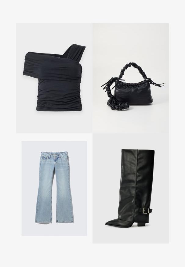 Top negru, cu umeri golași, fabricat dintr-un material moale și elastic, având detalii plissate și un design cu bretele late pe o parte.; Weekday NOVA - Blugi slim fit - lip blue; Botine din piele neagră, până la gleznă, cu vârf ascuțit, textură netedă și un accent cu cataramă argintie pe lateral. Toc pătrat masiv.; Geantă din faux leather neagră cu textură de crocodil, cu partea superioară strânsă și o curea mototolită. Pare moale și compactă ca design.