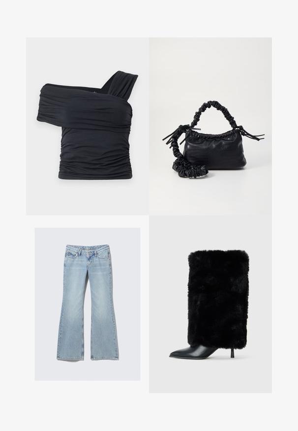 Schwarzes Off-Shoulder-Top aus weichem, elastischem Stoff, mit Rüschendetails und einem breiten Trägerdesign auf einer Seite.; Weekday NOVA - Jeans Slim Fit - lip blue; Schwarzer Knöchelstiefel mit spitzem Zehenbereich und Stiletto-Absatz, ausgestattet mit einem weichen, schwarzen Kunstfellschaft. Glattes Lederakzent an der Zehenpartie.; Schwarze Handtasche aus Kunstleder mit Krokodilstruktur, gerafftem oberen Teil und einem geschoppten Tragegurt. Sie wirkt weich und kompakt im Design.