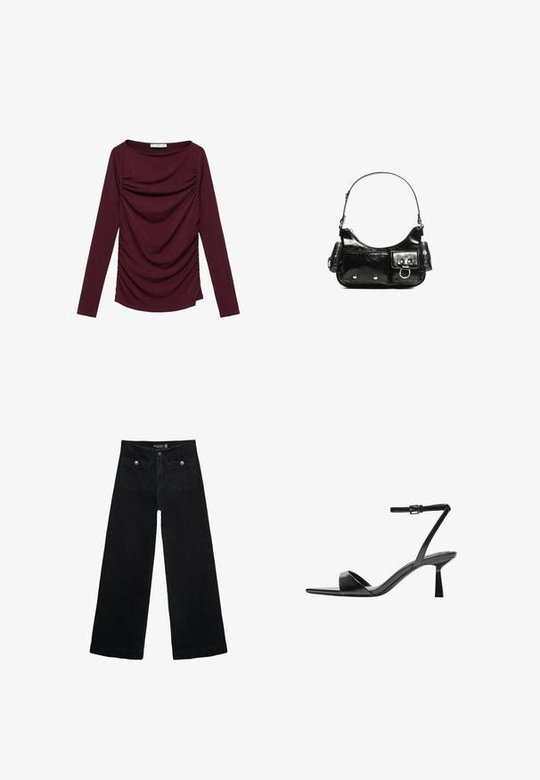 Langarmoberteil, tiefes Burgunderrot, weicher Stoff, geraffte Details an den Seiten, runder Halsausschnitt, schlanker Schnitt.; Schwarze, weit geschnittene Jeans mit hoher Taille, die zwei Fronttaschen und metallene Knopfakzente aufweist. Der Stoff hat eine glatte Textur.; Bershka High Heel Sandalette - black; Schwarze Lackleder-Handtasche mit geschwungenem Design, einem Schulterriemen, Vordertaschen und silberfarbenen Hardware-Akzenten.