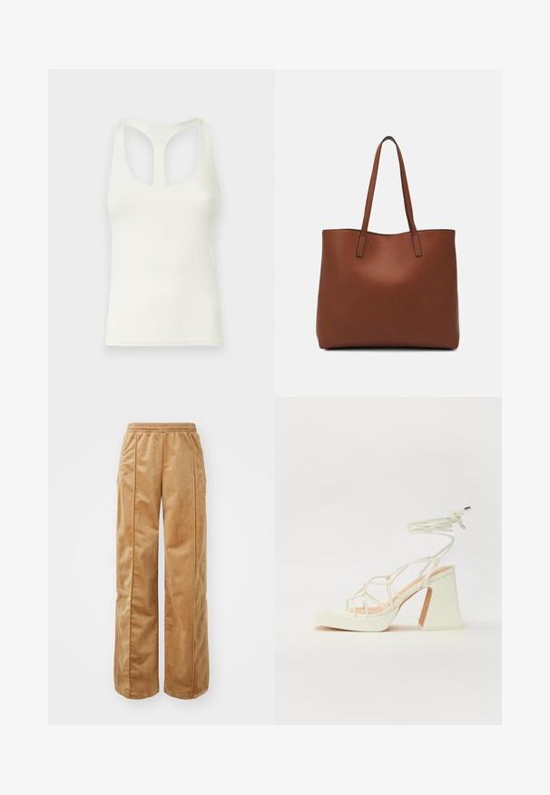 Valge tank top, mis on valmistatud siledast kangast, millel on ringi seljaosa disain ja lõike detail. Lihtne, ilma kaunistusteta konstruktsioon.; Kerged jalad pant, mis on valmistatud pehmest ja sametisest materjalist. Sisaldab elastset vööd ja vertikaalseid õmblusi esiküljel, lisades detaili.; Valged kõrge kontsaga sandaalid, millel on paks konts ja rihmadega disain koos pahkluu sidumisega. Sile tekstuur ja platvorm ees, et lisada kõrgust.; Pruun nahast tote-kott, millel on sile tekstuur, avatud ülaosa disain ja kaks õlarihma. Omab minimaalset õmblust ja nähtavat riistvara ei ole.