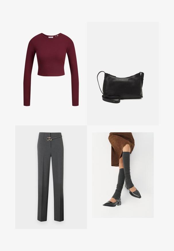 Burgundin värinen crop-top, pitkät hihat, ribatoitu pinta, pyöreä pääntie, pehmeä materiaali, tiukka muotoilu. Etiketit näkyvät kaula-aukossa.; Tummanharmaat naisten suorat housut, jotka on räätälöity tarkasti, ja joissa on ohut samasta kankaasta valmistettu vyö, jossa on kultainen solki.; Musta lakattu nahkakengät teräväkärkisillä, leveällä kantapäällä ja nilkkahihnalla, yhdistettynä harmaisiin ribattuihin säärystimiin ja ruskeaan mokkasiinimekkoon.; Musta nahkainen olkalaukku, jossa on sileä pinta, kaareva muoto, säädettävä hihna ja vetoketjukiinnitys. Minimalistinen muotoilu ilman koristeita.