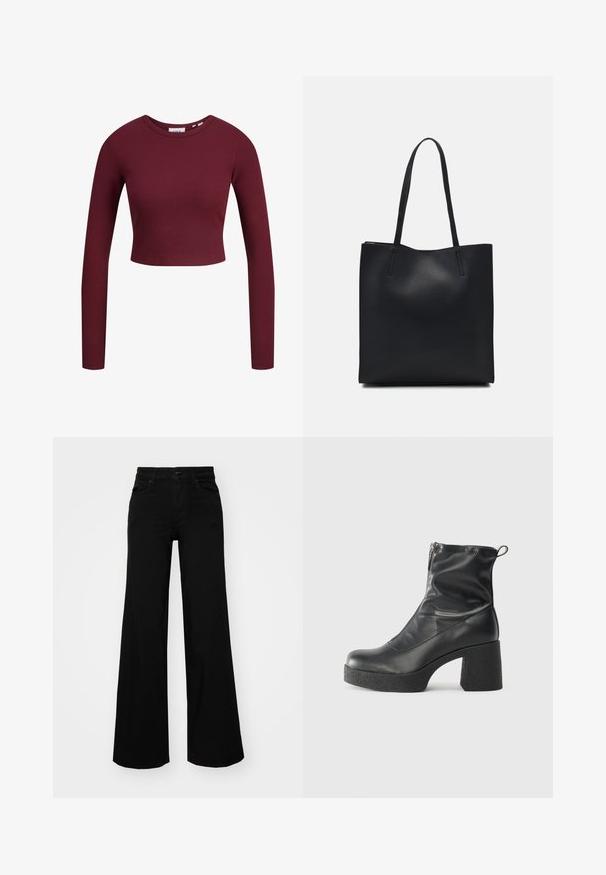 Burgunderfarget crop top, lange ermer, ribbestruktur, rund halslinning, mykt materiale, tettsittende design. Merker vist ved halsen.; Svart vide bukser laget av denim, med en strukturert midjebånd, beltestropper og frontlommer. Glatt tekstur med et klassisk design.; Svarte ankelstøvler laget av glatt lær, med glidelås på siden, chunky strukturert hæl, og rund tå-design.; Svart lær tote bag med glatt tekstur, rektangulær form og to lange håndtak. Ingen synlige deler eller dekorasjoner.