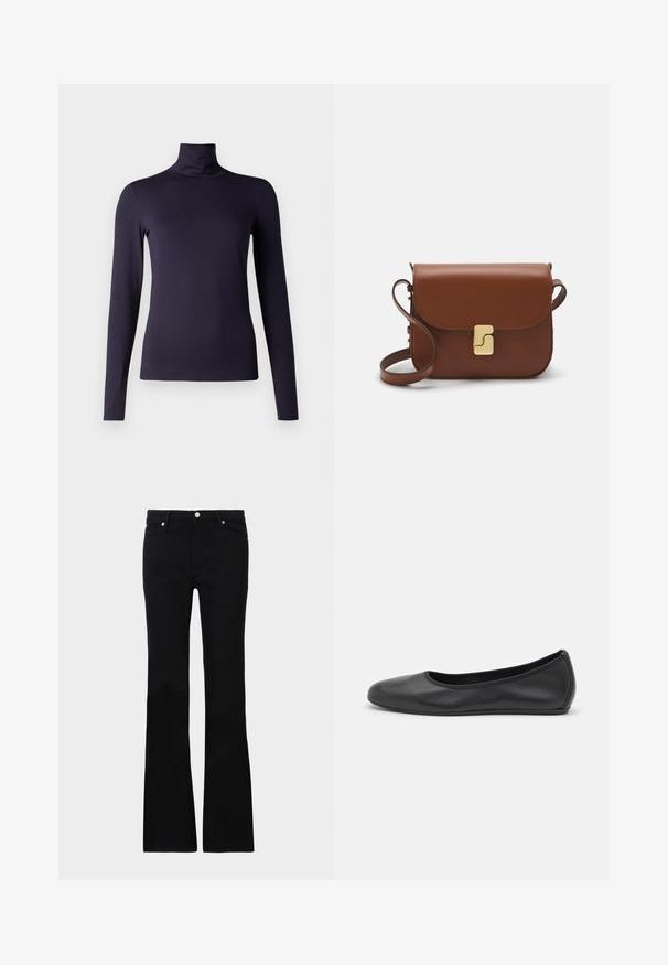 Jūros laivyno ilgo rankovės golfas, pagamintas iš lygios, tamprios medžiagos. Prigludęs dizainas su aukšta apykakle ir be matomų raštų ar akcentų.; Juodi plačios kojų džinsai, pagaminti iš denimo, turintys dvi priekinės kišenes, užsegimą su mygtuku ir lygią tekstūrą. Išsiuvinėjimas matomas siūlėse.; Juodai odiniai baletai su apvaliu pirštu, lygi texture, minimalus siuvimo detales ir lanksčiu padų dizainu.; Ruda odinė rankinė su uždaromu dangteliu, aukso spalvos detalėmis, petneša ir lygiu paviršiumi. Kompaktiška stačiakampio formos.