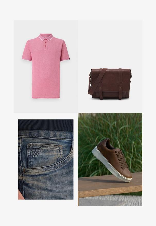 Vaaleanpunainen polo-paita, jossa on lyhyet hihat, ribbireunus kauluksessa, kolmen napin lista ja kontrastivalkoinen viimeistely kauluksessa ja hihoissa.; Siniset farkut, joissa haalistunut pinta, valuuttatasku ja musta logokoriste edessä. Vyötärönauha on tummansinistä ribbineulosta kangasta.; Ruskeat nahkakengät valkoisella kumipohjalla, pyöristetty kärki ja ruskeat nauhat. Pohjassa on karhea pinta ja yläosassa sileä viimeistely.; Ruskea nahkainen viestintälaatikko, jossa on litteä etuläppä, kaksi remmiä, kultaiset yksityiskohdat ja säädettävä olkahihna.