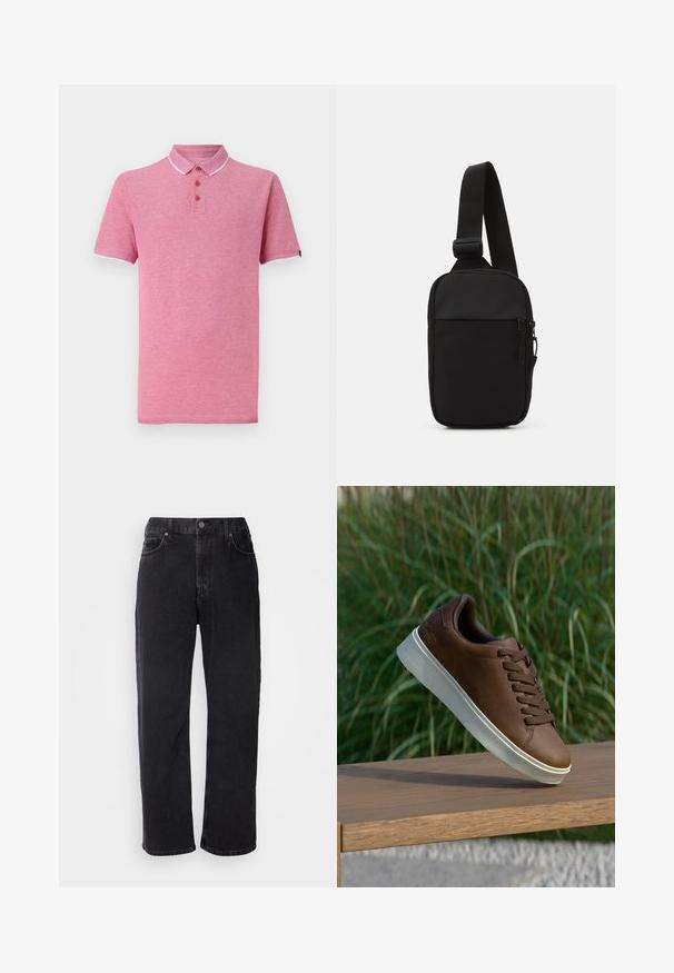 Roosa polo särk lühikeste varrukatega, ribadest kaelus, kolme nööbiga kinnitamine ning kontrastsete valgete ääristega kaeluses ja varrukates.; Mustad teksad sirge lõikega, viie taskuga ja kontrastsete õmblustega. Omab nööpkinnitust ja vöölõikeid.; Pruun nahast tenniseking valge kummist tallaga, ümar varvas ja pruunid laced. Talla tekstuuriline haardepind ja ülemise sile pind.; Mustmust crossbody kott mustekangast, millel on üks reguleeritav rihm, lukuga põhiosas ja eesmine tasku.