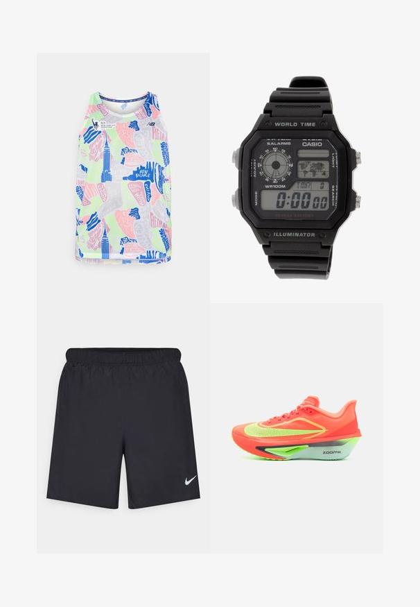 Bezramenný sportovní top s síťovaným designem a barevnými vzory, včetně modré, růžové a zelené barvy. Obsahuje logo New Balance.; Černé sportovní šortky vyrobené z lehkého materiálu s elastickým pasem. Na spodní levé straně mají malé bílé logo Nike.; Běžecká obuv s jasně oranžovým svrškem, neonově zelenými akcenty, aerodynamickým designem a výraznou šedou a zelenou podrážkou, označená "ZOOMX."; Digitální hodinky s černým gumovým páskem, obdélníkovým pouzdrem a sklíčkem. Ukazují čas, světovou časovou mapu a mají tlačítka pro alarm a osvětlení.
