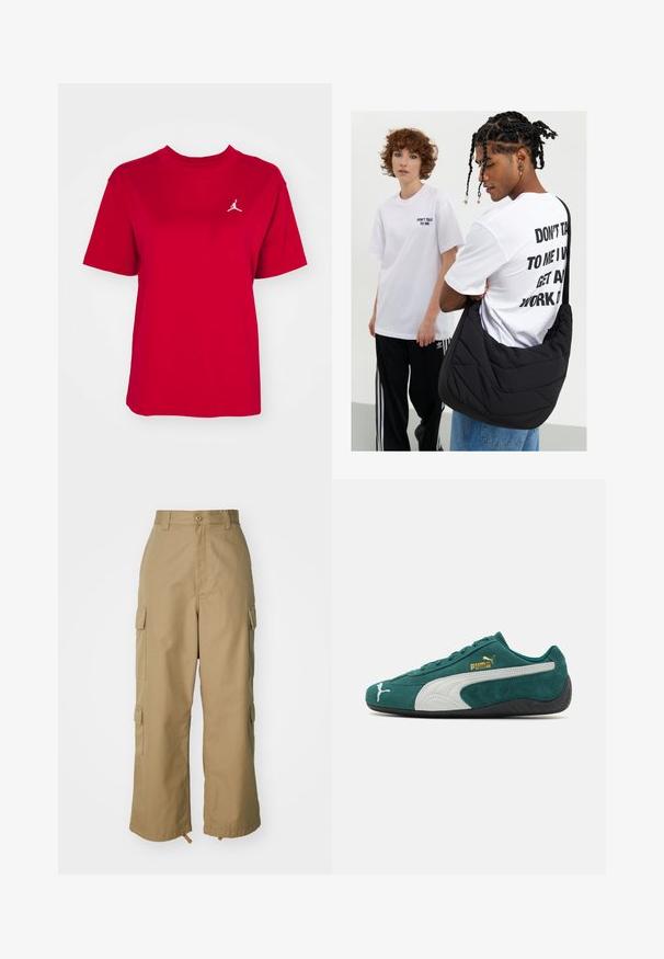 T-shirt in cotone rosso con maniche corte, collo rotondo, caratterizzata da un logo Jordan bianco ricamato sul lato sinistro del petto. Texture liscia.; Pantaloni cargo beige con vita alta, gamba ampia e quattro grandi tasche laterali. Realizzati in un tessuto resistente con una texture liscia e dettagli minimi.; Sneaker verde in suede con accenti bianchi e grigi, superficie texturizzata, suola in gomma piatta e dettagli del logo dorato sul lato.; Borsa a spalla nera trapuntata con una texture morbida, indossata da una persona con una maglietta grafica bianca con testo in grassetto. Outfit casual con jeans.