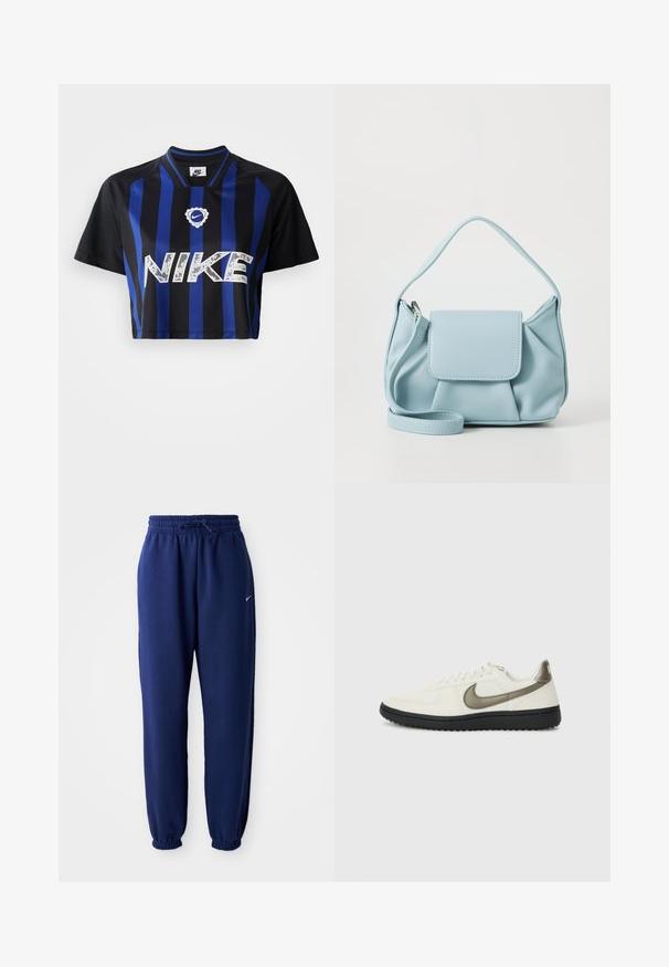 Sasmalcināts Nike krekls melnā krāsā ar vertikālām zilām svītrām. Ievērojams balts Nike logos un apaļa kakla izgriezums. Gluda auduma tekstūra.; Navy zila sporta bikses, izgatavotas no mīksta auduma, ar elastīgu jostu ar auklu, elastīgiem piedurknēm un mazu balto logo.; Nike Sportswear FIELD GENERAL - Treniņu apavi - off-white/black; Gaiši zila ādas rokassoma ar augšējo rokturi, priekšējo vāku kabatu un noņemamu roku siksniņu uz baltas fona.