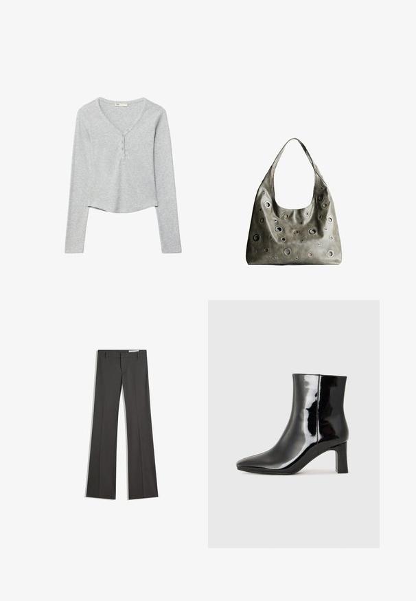 Gray long-sleeve top with a V-neck, featuring a button placket and a slightly cropped hem. Made from soft, stretchy fabric.; Gray flared trousers in a smooth fabric, featuring a flat front, belt loops, and a tailored design with clean lines.; Black patent leather ankle boot with a pointed toe and a mid-height block heel. Smooth texture and minimalist design.; Olive green leather handbag with a slouchy design, featuring various sized circular cutouts and accents in darker and lighter shades.