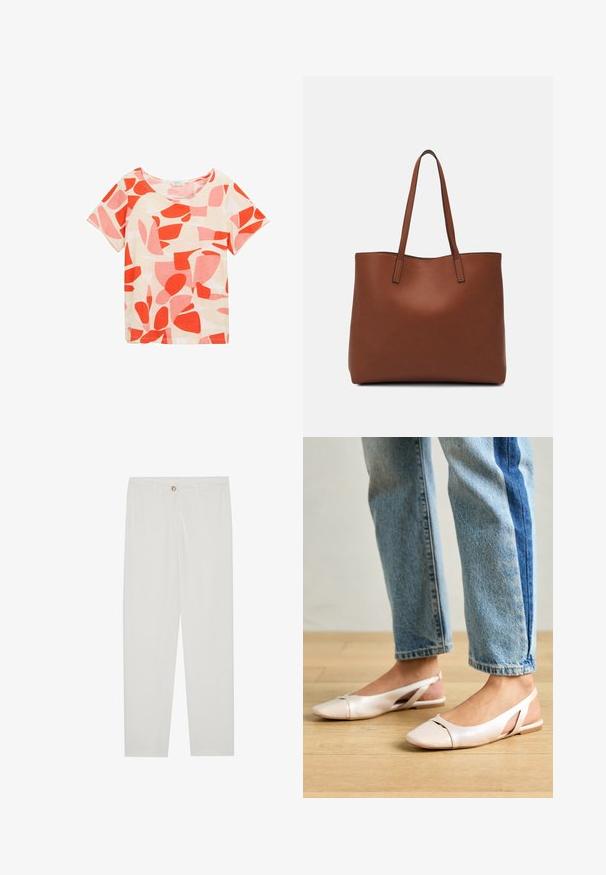 Kurzarmshirt mit rundem Ausschnitt, aus leichtem Stoff. Hat einen weißen Hintergrund mit roten und rosa abstrakten Formen und Mustern.; Weisse, maßgeschneiderte Hosen mit geradem Bein, die über einen Knopfverschluss, Gürtelschlaufen und Seitentaschen verfügen; glatte Stoffoberfläche.; Blassrosa Slingback-Ballerinas mit spitzem Punkt, aus einem glatten, lederähnlichen Material. Mit Ausschnitten an den Seiten und einem flachen Absatz.; Braune Leder-Tote mit glatter Textur, offenem Oberteil und zwei Schulterriemen. Verfügt über minimale Nähte und keine sichtbaren Beschläge.