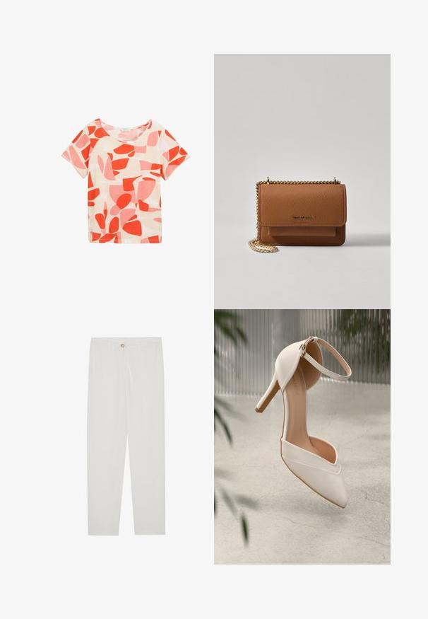 Majica s kratkimi rokavi in širokim izrezom, izdelana iz lahke tkanine. Ima belo ozadje z rdečimi in roza abstraktnimi oblikami in vzorci.; Bela, krojena hlače z ravnimi nogami, ki vključujejo gumbasto zapiranje, zanke za pas in stranske žepe; gladka tekstura tkanine.; Bele visoke petne čevlje iz gladkega materiala s koničastim nosom in gležnjenim trakom. Imajo svetlo tan notranjost in zlat ton dodatkov.; Rjava teksturirana usnjena torba čez ramo z zlatim verižnim trakom in zapiranjem na pokrov. Spredaj je vidna podrobnost logotipa in žep pod pokrovom.