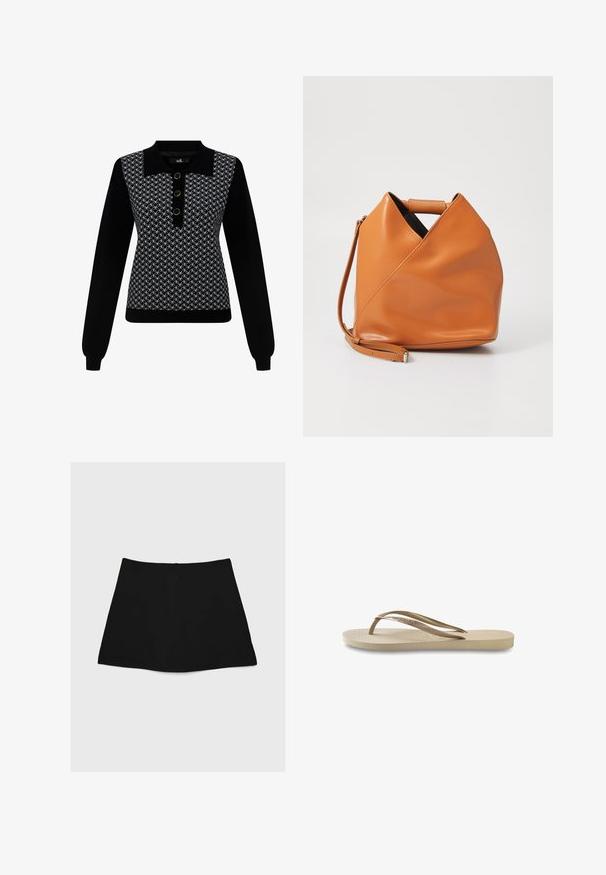 Černý svetr s dlouhými rukávy, se vzorovanou horní částí v bílé barvě, černým zapínáním s třemi kulatými zlatými knoflíky.; Černá minisukně s hladkým povrchem, áčkovým střihem a zakulaceným lemem. Obsahuje zadní zip pro zapínání, bez dalších vzorů nebo akcentů.; Světlobéžové žabky s texturovanou stélkou, plochou podrážkou a tenkými lesklými pásky. Na pásku je jemné logo.; Hnědá kožená kabelka s unikátním trojúhelníkovým skladem, horním uchem a odnímatelným ramenním popruhem na bílém pozadí.
