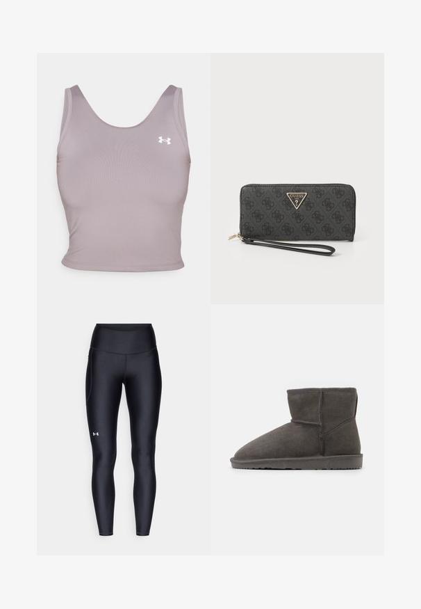 Top atletico senza maniche in lilla con scollatura rotonda, realizzato in un tessuto liscio, con un piccolo logo bianco sul lato sinistro superiore.; Leggings neri realizzati in materiale morbido e stretch con vita alta. Presentano un logo bianco sulla coscia sinistra e un design aderente.; Stivale alla caviglia in suede grigio con punta arrotondata e fodera interna morbida. Dotato di suola piatta in gomma e dettagli di cucitura minimi.; Portafoglio nero in materiale sintetico con finitura testurizzata, dotato di un logo triangolare dorato e una chiusura zip con cinturino da polso.