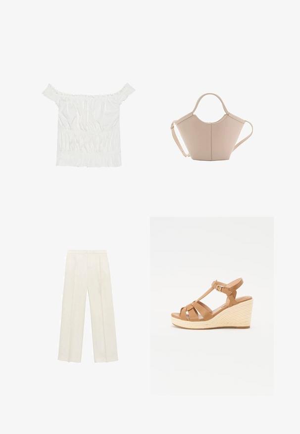 Un top alb off-the-shoulder cu accente volanate, textură pliată și talie elastică. Fabricat dintr-un material moale din bumbac.; Pantaloni cu picioare largi, de culoare crem deschis. Realizați dintr-un material neted, cu plisuri în față și buzunare laterale.; Santoți cu toc wedge în nuanță de bej, cu un design cu bretele încrucișate, cataramă reglabilă la gleznă și un toc texturat, stil espadrilă.; Geantă de mână bej din piele cu o formă unică, dotată cu două mânere scurte și o curea lungă ajustabilă. Textură netedă, cu hardware minim.