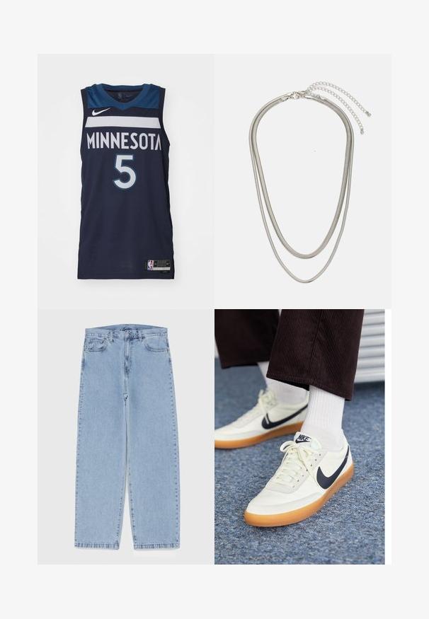 Nike Performance MINNESOTA TIMBERWOLVES ANTHONY EDWARDS - Kluba apģērbs - college navy; Gai zila džinsu bikses ar taisnu kāju dizainu, kas piedāvā vidēju vidukļa augstumu, piecas kabatas un pogas un rāvējslēdzēja aizdari.; Baltās ādas Nike sporta apavi ar tumši zilu swoosh, ar gumijas zoli un baltiem šņorēm, kombinēti ar baltām sporta zeķēm un tumšām korduroja biksēm.; Trīslīmeņu sudraba metāla kaklarota ar gludām, elastīgām ķēdēm, kas spīd, droši piestiprināta ar omā uzgali un regulējamu ķēdi.