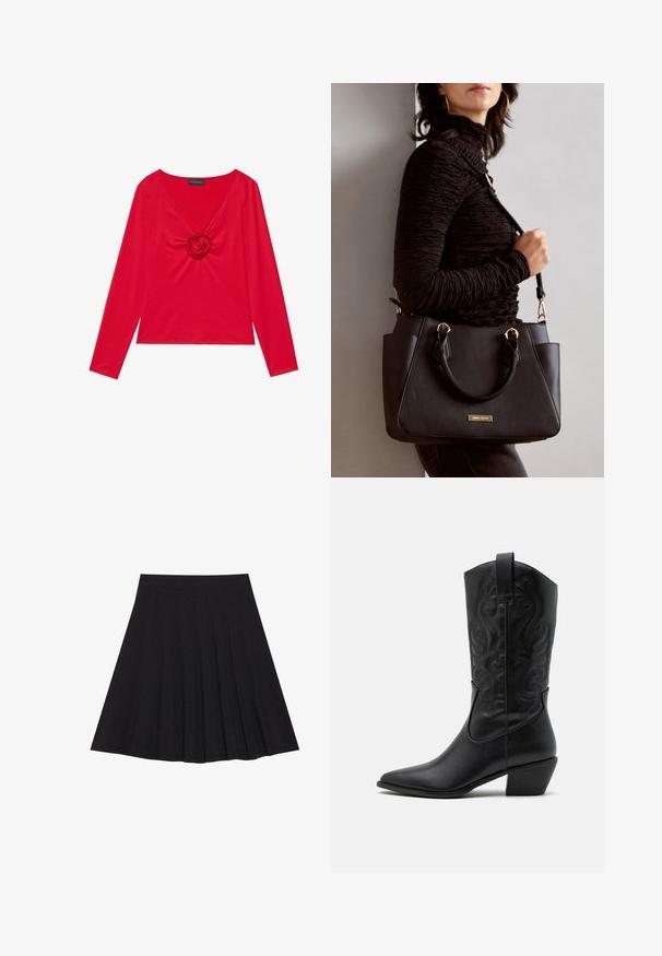 Rotes Langarmoberteil mit V-Ausschnitt und zentralem Rosendetail. Hergestellt aus glattem Stoff mit einer figurbetonten Silhouette. Markenetikett am Ausschnitt sichtbar.; Schwarzer, plissierter Rock aus strukturiertem Stoff mit einem taillierten Bund. Fällt knielang und hat eine glatte, klare Silhouette.; Schwarze Leder-Cowboy-Stiefel mit spitzem Zeh, geprägten, wirbelnden Mustern und einem mittelhohen Absatz. Mit einem Zuglasche für einfaches An- und Ausziehen.; Schwarze Handtasche mit strukturierten Oberflächen, doppelten Obergriffen und verstellbarem Schultergurt. Mit goldfarbener Hardware und Seitentaschen.