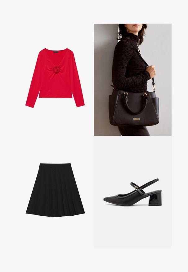 Piros, hosszú ujjú póló V-nyakkivágással és középen rózsamintával. Simító anyagból készült, testhezálló fazonnal. Márkajelzés látható a nyakkivágásnál.; Fekete, pliszírozott szoknya texturált anyagból, szűk derékpánttal. Térd alá ér, sima, letisztult vonalvezetéssel.; Fekete lakk bőr, pántos magassarkú cipő, hegyes orral, lekerekített kivágással és tömbsarkal. Arany színű csat díszíti.; Fekete kézitáska texturált felülettel, dupla felső fogantyúval és állítható vállpánttal. Arany színű fém kiegészítők és oldalsó zsebek találhatók rajta.