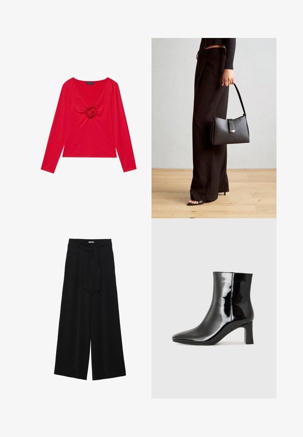 Red long-sleeve top with a V-neck and a central rose detail. Made from smooth fabric with a fitted silhouette. Brand tag visible at the neckline.; Black wide-leg pants featuring a textured fabric, an elastic waistband, and a detachable sash tie at the waist for adjustable fit.; Black patent leather ankle boot with a pointed toe and a mid-height block heel. Smooth texture and minimalist design.; Black handbag with structured shape, smooth texture, and a metallic clasp. Paired with wide black pants and open-toe sandals on wooden floor.