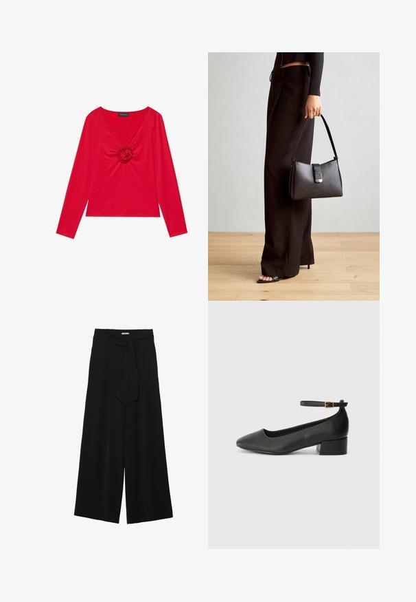 Czerwona bluzka z długim rękawem, z dekoltem w serek i centralnym detalem w kształcie róży. Wykonana z gładkiego materiału o dopasowanej sylwetce. Metka marki widoczna przy dekolcie.; Czarne spodnie szerokie z teksturowanej tkaniny, z elastycznym paskiem w talii i odpinanym paskiem w talii dla regulowanego dopasowania.; Czarne skórzane szpilki z ostrym noskiem i niskim słupkowym obcasem. Wyposażone w pasek na kostkę z złotym zapięciem. Gładka tekstura.; Czarna torebka o usztywnionym kształcie, gładkiej fakturze i metalowym zapięciem. Połączona z szerokimi czarnymi spodniami i sandałami na otwartym palcu na drewnianej podłodze.