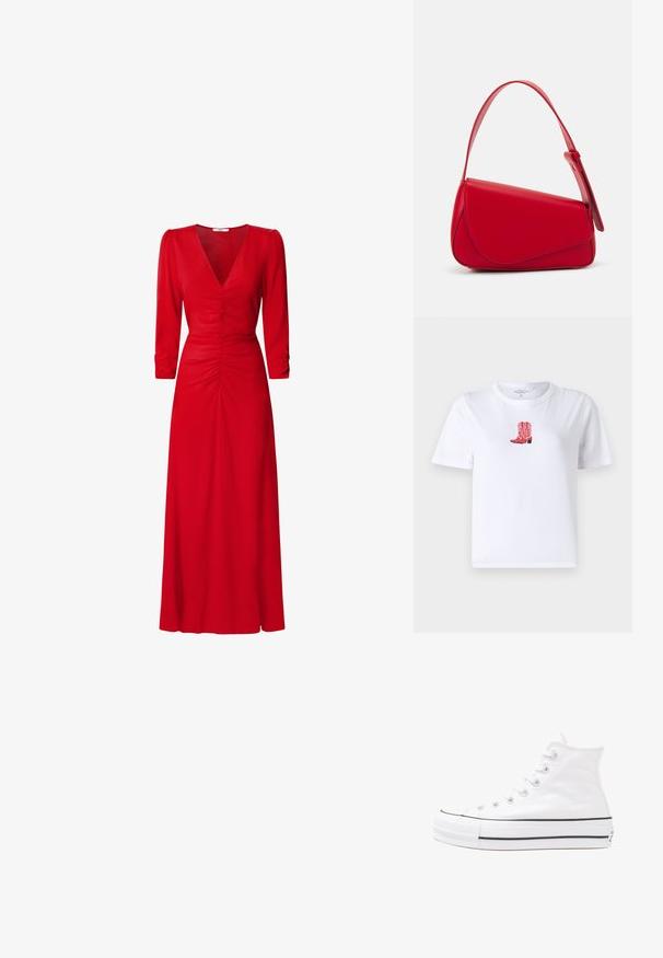 Bílé bavlněné tričko s vyšívanými červenými kovbojskými botami ve středu. Krátké rukávy, kulatý výstřih a lehká textura.; Červené šaty s výstřihem do V, tříčtvrtečními rukávy a nařasením v pase a na zádech. Látka vypadá hladce a lehce.; Bílé vysoké plátěné tenisky s černou gumovou podrážkou, přední gumovou špičkou a šesti očky na tkaničky, se čistým, minimalistickým designem.; Červená kožená kabelka s ostrým, geometrickým designem. Má jeden nastavitelný popruh a klopu s prošívanými detaily.