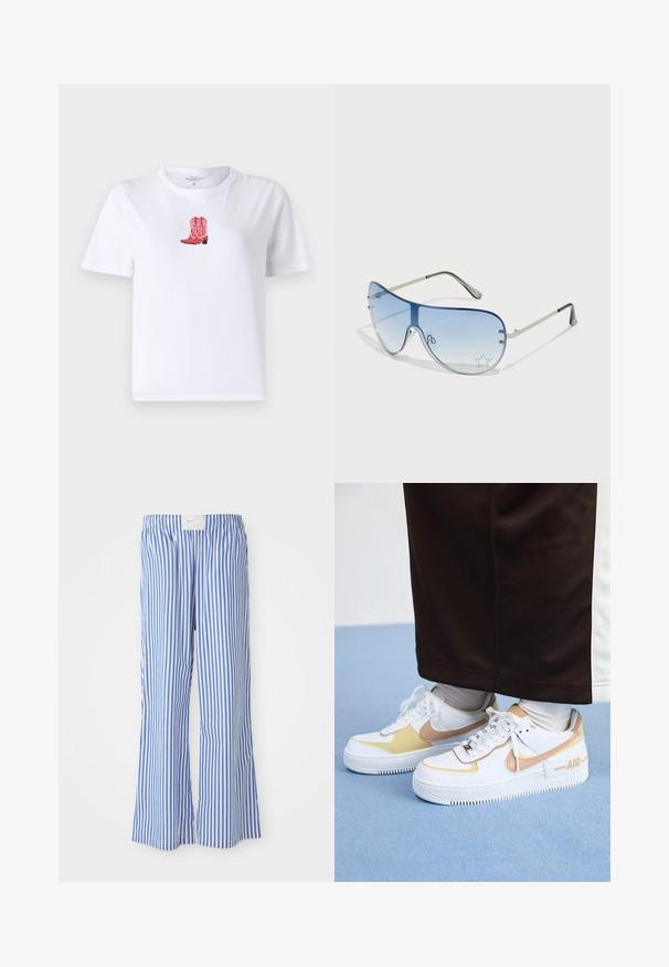 Hvit bomull t-skjorte med røde cowboystøvler broderi i midten. Korte ermer, rund hals og lett tekstur.; Blå- og hvitstripete bukser med en avslappet passform, laget av lett materiale, med elastisk midjebånd og en subtil logoetikett.; Hvite lær sneakers med gull detaljer, med perforert tå, flate lisser og en tykk gummisåle med "AIR" logo på siden.; Pilotbriller med gradient blå linse, sølvfarget metallramme og dekorative stjerneaksenter på linsen. Glatt og stilren design.