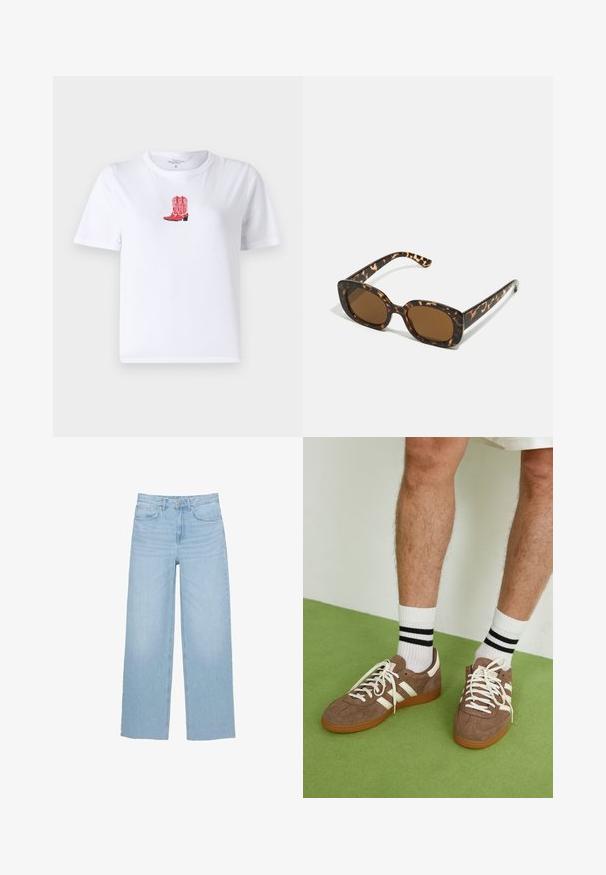 Bela bombažna majica s rdečim vezenjem kavbojskih čevljev na sredini. Kratki rokavi, okrogla ovratnica in lahka tekstura.; Svetlo modri široki traper hlače, izdelane iz denima, z visokim pasom, ravnim krojem in petimi žepi ter čistim robom.; Rjavi semiš športni čevlji z belimi detajli in vezalkami. Gumijast podplat. Nošeni z belimi nogavicami z črnimi črtami. Zelena teksturirana talna obloga.; Sončna očala iz kornjačine s poudarjenim, okroglim okvirjem in rjavimi lečami. Imajo subtilne vzorce in ravne, zožene ročke.; Zign LEATHER - Torba za nakupovanje - light brown