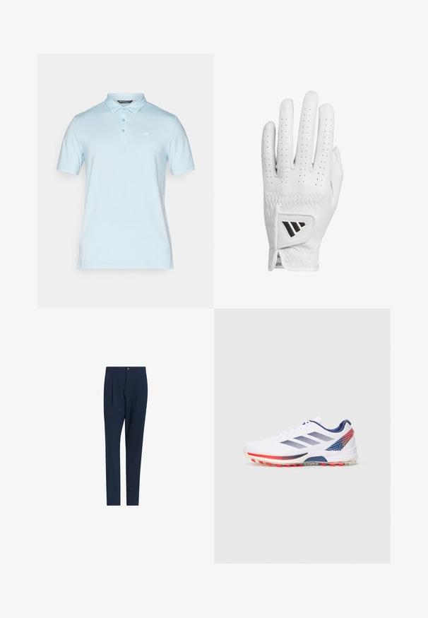 Světle modrá polo tričko vyrobené z měkké bavlny. Má límec, krátké rukávy a tři knoflíky. Obsahuje malé logo na hrudi.; Námořnické modré kalhoty s přiléhavým střihem, s plisovaným designem, zapínáním na zip a na knoflík. Hladká látka s jemnou strukturou.; Bílé sportovní boty s námořnickými pruhy, červenými a námořnickými geometrickými akcenty na patě a červenými kopačkami na podešvi, zobrazené z vnější strany.; Bílá kožená golfová rukavice s perforovanými prsty, texturovaným prošíváním a černým akcentním logem na zápěstí. Slim fit design pro lepší úchop.