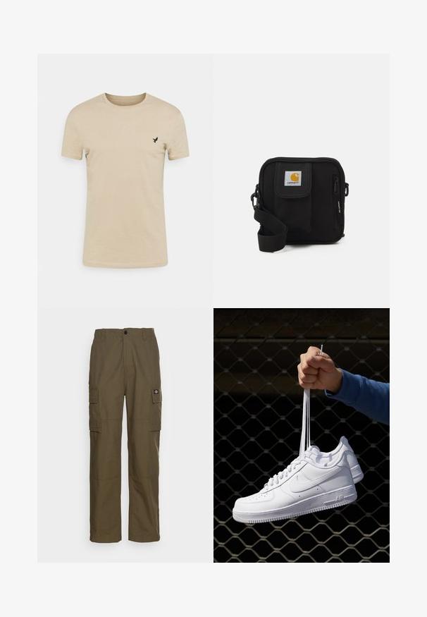 Beige, rövid ujjú póló, puha anyagból, kerek nyakkivágással és egy kis fekete madárlogóval a bal melltájon.; Olajzöld cargo nadrág, tartós anyagból készült. Két oldalsó zsebe van, szabványos derékkal és egyenes fazonnal rendelkezik.; Fehér bőr sportcipők perforációval, kerek orral, lapos talppal és vastag fűzőkkel, látható swoosh logóval és "AIR" felirattal a sarokrészen.; Fekete keresztbody táska cipzáras főrekesszel, elülső zsebbel, állítható pánttal és látható logóval a fedélen.