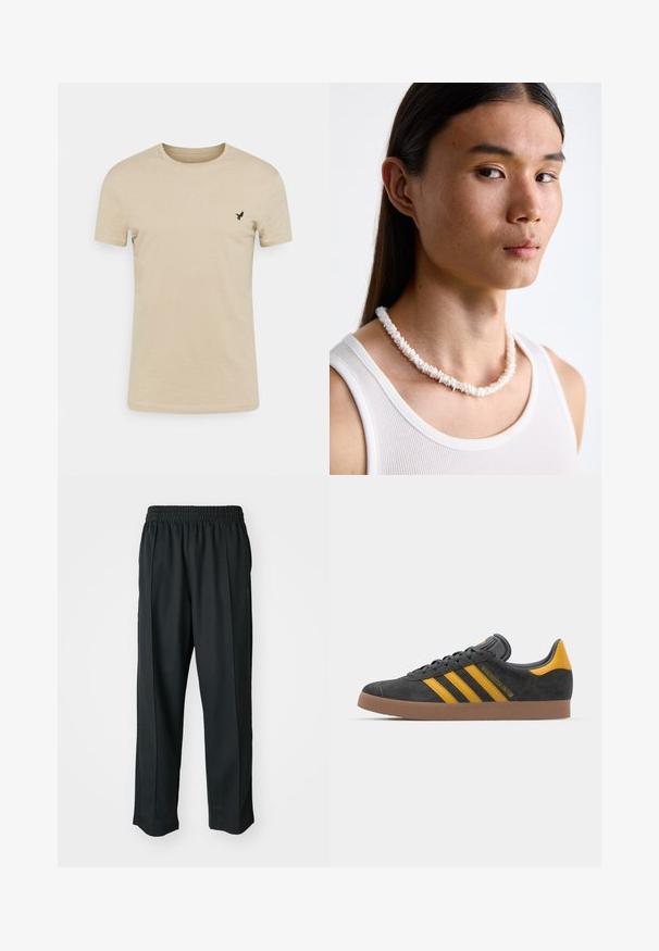 Beige kortermet T-skjorte laget av mykt stoff, med rund hals og en liten svart fuglelogo på venstre brystområde.; Sorte idrettsbukser med elastisk midje, laget av glatt stoff, med subtile sidesømmer og en avslappet passform, rett ben-design.; Sort skinnesko i svart semsket skinn med gule detaljer, med tre striper og en brun gummisåle. Inkluderer en polstret tunge for komfort.; Hvit skjellkjede bestående av uregelmessige former, båret over en tettsittende hvit tanktop. Glatt tekstur med subtil glans, tettsittende design.