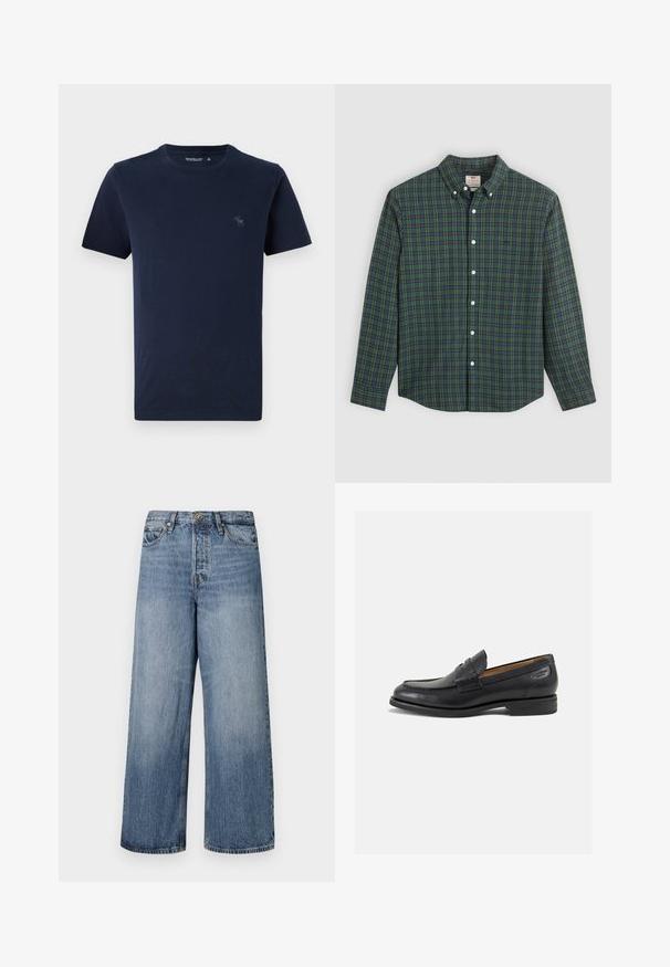 Tümer sinine puuvillane t-särk lühikeste varrukatega, ümar kaelus, millel on väike tikitud hirve logo vasakul rinnal. Sile tekstuur.; Pikend varrukatega nööbiga särk rohelise, sinise ja kollase ruudulise mustriga, valged nööbid ja nööbitud krae.; Laia siniste denimpükse, millel on pleekinud pesu, viie tasku disain ja nööbi sulgemine. Varustatud vööde jaoks silmadega ja õmblustega detailidega.; Mustad mustad nahast loafers, sujuva viimistlusega, ümar sirge ja dekoratiivne tikand peal. Madal ja kergelt kuhjatud konts ning kerge läige.